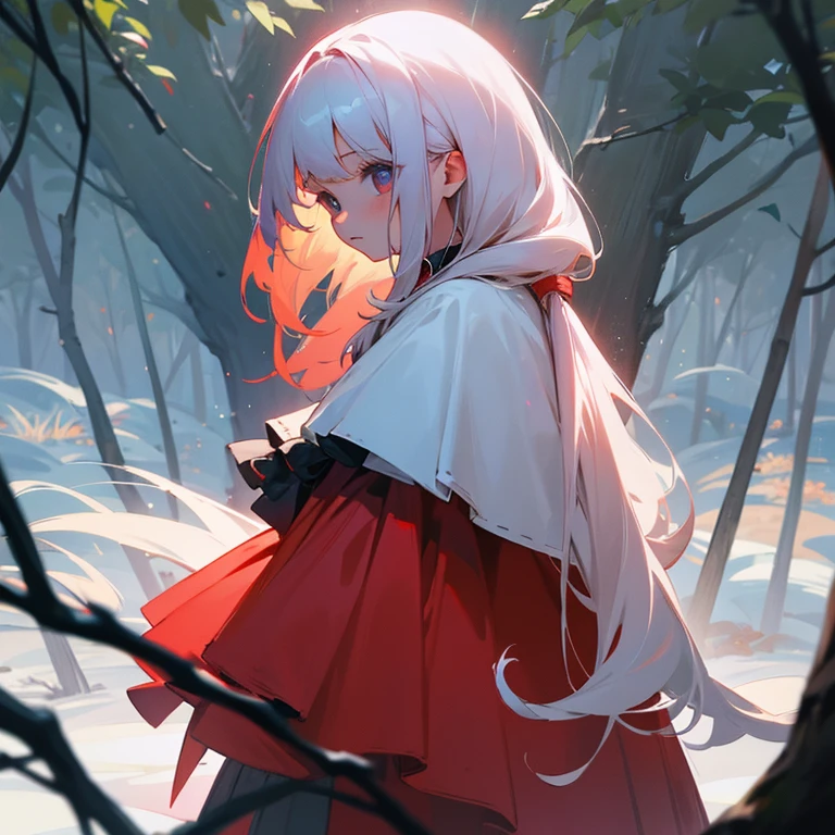 Chica de cabello blanco y capa roja en un bosque