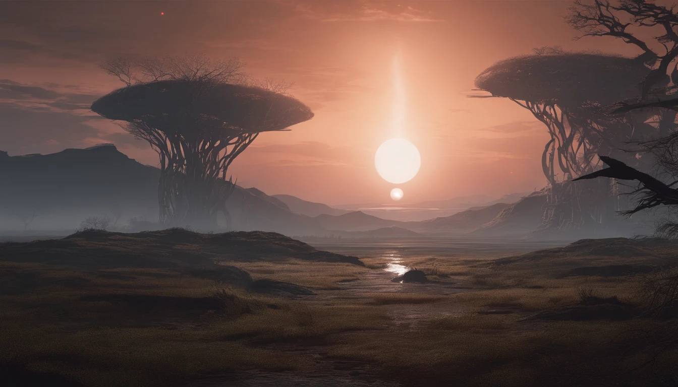 Strange alien landscape, Twin Suns, Atmospheric Color, fields, Background tree々, Dense foliage, animal, picturesque, photograph, synthwave