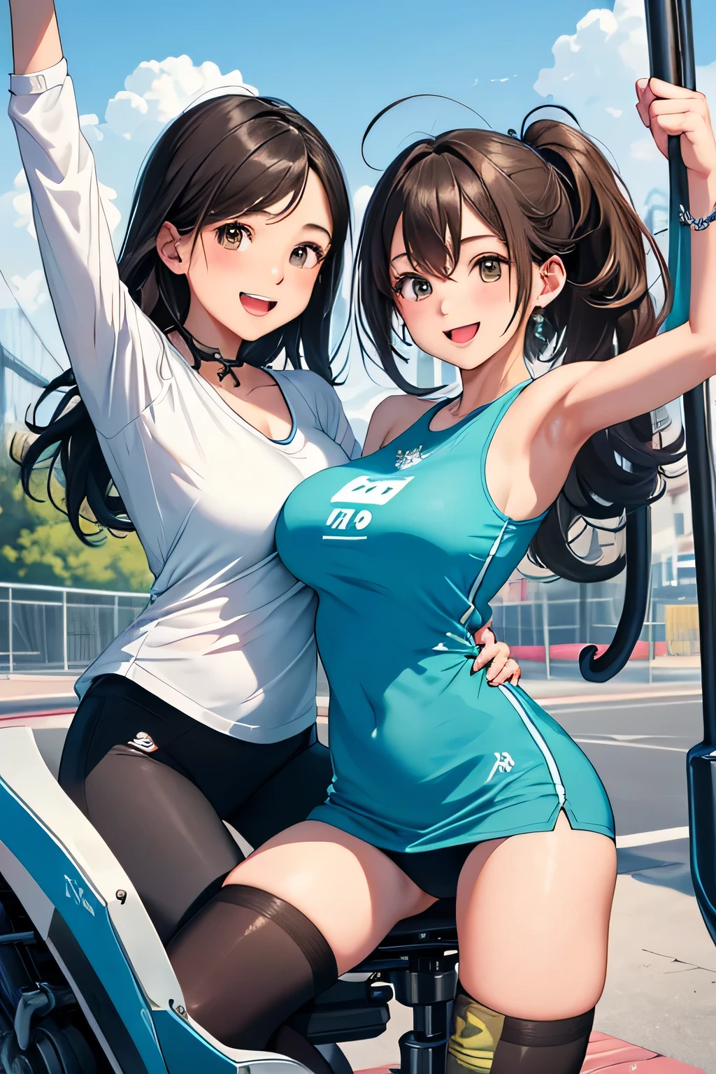 (highest quality:1.4)、(High resolution)、Detailed Background、(Detailed beautiful face:1.4)、Anatomically correct、(Depict the normal number of fingers:1.2)、(Detailed facial expressions)、Beautiful fingers、Beautiful, smooth skin、age beauty、(Two women:1.2)、(Huge breasts:1.3)、cute hair color、brown hair、Bobcut、ponytail、long、Realistic、Perfect body line、Cowboy Shot、Attraction Park、
cute、Thrilling attractions、Looks like a fun atmosphere、Stretch your arms、Show your side、
(Two beautiful girls excited about riding a thrilling machine:1.5)、
I'm extremely excited、eyes wide open、Mouth slightly open or smiling、A slight redness on the face and neck due to an increased heart rate、
Sportswear、Sports bra and leggings、
Choose a cute dress for a feminine look、(No sleeve:1.3)、
Choose a dress made of a material and length that is easy to move in and pair it with sneakers.、cute