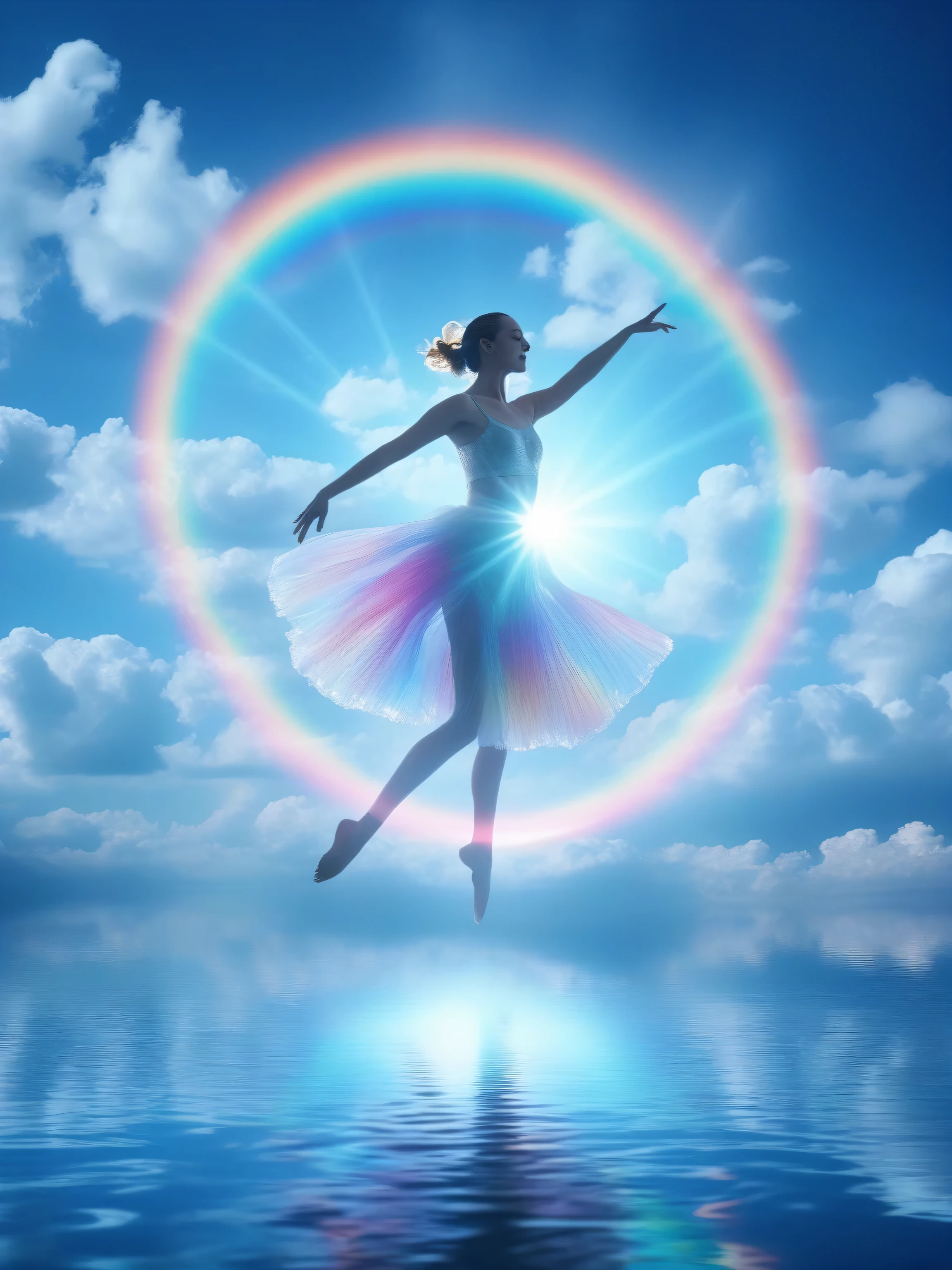 masterpiece,  best quality,  a woman dancing on water,  dancing on water,  Beautiful scenery,  flash,  bioluminescence,  Ray Tracing,  cloud,  Sky,  water,  rainbow,  (meticulous),  (Fujifilm),  (35 mm),  (whole body),  (Movie Channel,  strong contrast),  Circle, Magic Circle,  element