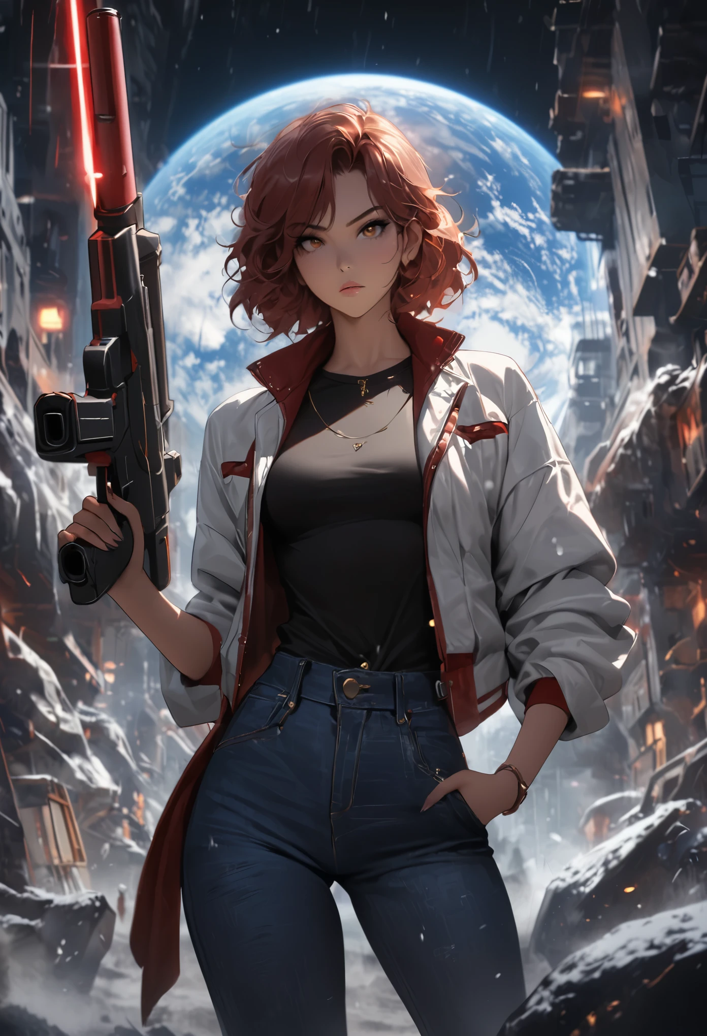 highest resolution, clearly_image) Excellent, masterpiece, High Detail, Semi-realistic,Cowboy Bebop and Her Robot Guard, Cowboy hat,Laser gun in hand,bust,a very beautiful woman, Solitary, red short hair, Golden Eyes, 18 years old, young, Tall and strong , Future sci-fi style denim, confident, Serious, Cold and proud, ((Suspended in the universe)),(((Earth background))), Overlooking
