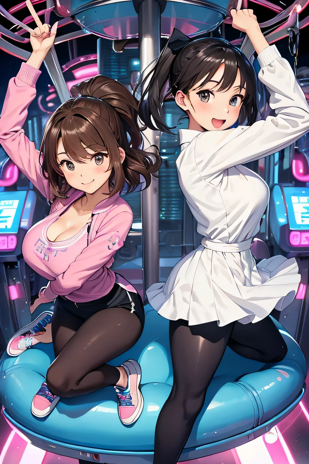 (highest quality:1.4)、(High resolution)、Detailed Background、(Detailed beautiful face:1.4)、Anatomically correct、(Depict the normal number of fingers:1.2)、(Detailed facial expressions)、Beautiful fingers、Beautiful, smooth skin、age beauty、(Two women:1.2)、(Huge breasts:1.3)、cute hair color、brown hair、Bobcut、ponytail、long、Realistic、Perfect body line、Cowboy Shot、Attraction Park、
cute、Thrilling attractions、Looks like a fun atmosphere、Stretch your arms、Show your side、
(Two beautiful girls excited about riding a thrilling machine:1.5)、
I'm extremely excited、eyes wide open、Mouth slightly open or smiling、A slight redness on the face and neck due to an increased heart rate、
Sportswear、Sports bra and leggings、
Choose a cute dress for a feminine look、(No sleeve:1.3)、
Choose a dress made of a material and length that is easy to move in and pair it with sneakers.、cute