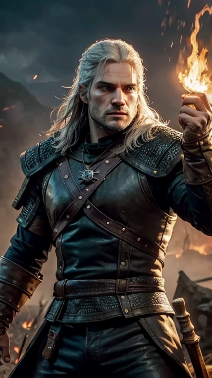 Man, witcher, henry cavill, There is fire in your hand, Around the Spark, Fiery explosion, element, strength, Brutality, Blue eyes, vortex, energy, irresistible charm, weapon, high quality, masterpiece