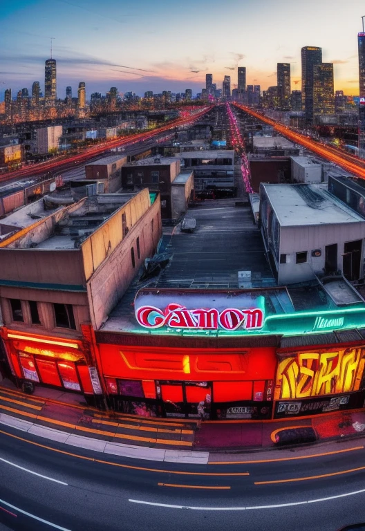 Camera Model: Canon EOS 5D Mark IV Shot Type: Establishing Shot Lens Type: Wide Angle (24mm) Description: The camera captures a panoramic view of a bustling urban street. Neon lights and graffiti art written 28th Street adorn the walls, setting the stage for the brand's urban aesthetic