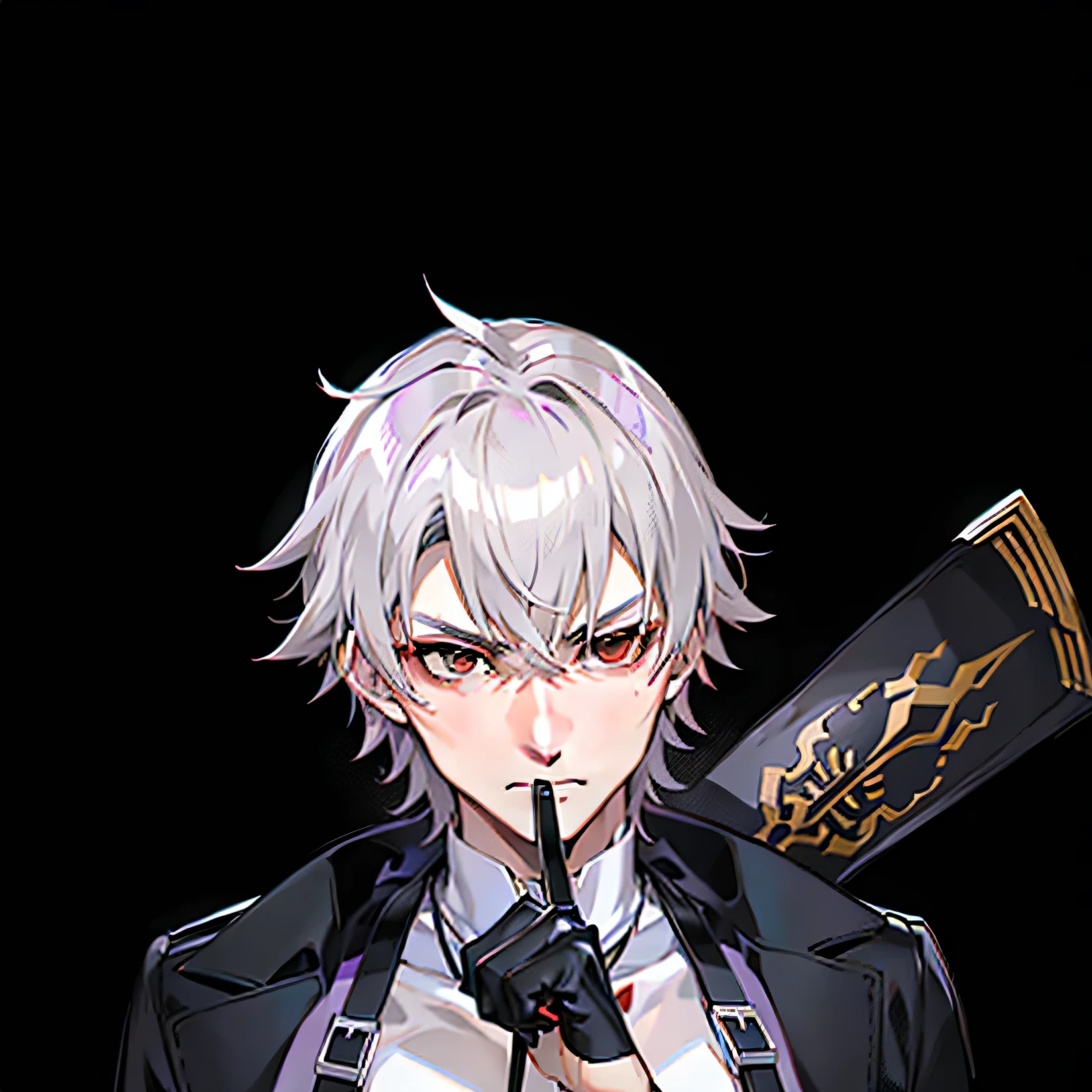 1boy，Libido boy，Red-black eyes，White color hair，unholy，black reotard，Purple striped tightusculature，sneering，The background is gray-black，Grey，The lighting is dim，Place your right hand in a fist on your left chest，With a collar around the neck，