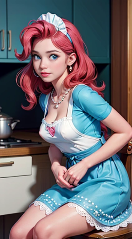 ((best quality)), ((highly detailed)), masterpiece, (detailed eyes, deep eyes), (1girl), dynamic angle, cowboy shot, mlppinkiepie, woman, gleeful smile, looking at viewer, ((bright pink hair)), ((blue eyes)), big curly hair, (((50's light blue dress))), housewife, pearl necklace, ((apron)), (indoor, kitchen), flashing breasts, ((exposed breasts, nipples)), graceful pose, realistic proportions, woman, cupping breasts, puckered lips, open shirt, rolled sleeves, woman, glamorous, white blouse, pearl earrings, sitting on an easy chair, a line dress, lace lingerie, sexy pose, leaning forward, cum on breasts