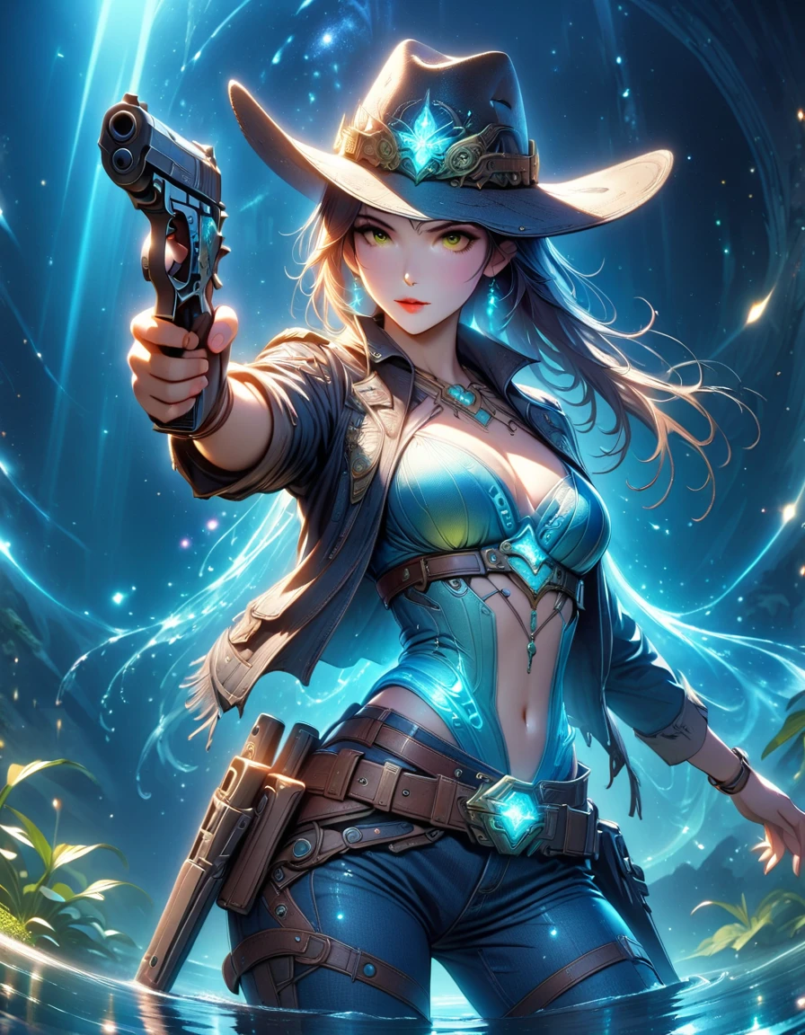 (Pond in the Galactic Universe), (Panorama: 1.4), (Beautiful pond in interstellar darkness), Starlight illuminates the pond, (1girl), (in western cowboy costume), (cyberpunk cowboy costume), futuristic technology interstellar cowboy, shining in the moonlight, gun in both hands, aiming at you, (ultra-detailed: 1.5), (cowgirl glow in the water: 1.2), starlight poetic, dream, fantasy, dark environment Soft moonlight reflected in the water, 8K, ultra-realistic, very, beautiful digital artwork, (light blue, cyan, gold: 1.2), realistic digital art, soft light, (very : 1.4), ((masterpiece)), (exquisite detail, beautiful: 1.3), (1.4 times realistic)