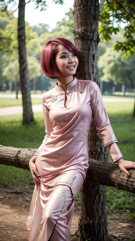 (high quality), (masterpiece), (high-resolution), original, extremely detailed 8K wallpaper, (an extremely delicate), a young girl  Malay, short pink hair bob cut, wearing baju kurung ((baju kurung: 1.6)) with a flat chest breasts, Malay hot model, attractively, plump and dainty body figure, photorealistic perfect body figure, really flat chest breasts, ultra realistic picture, perfect detail body figure, leaning seductive on a tree trunk, nose blush, big laugh,