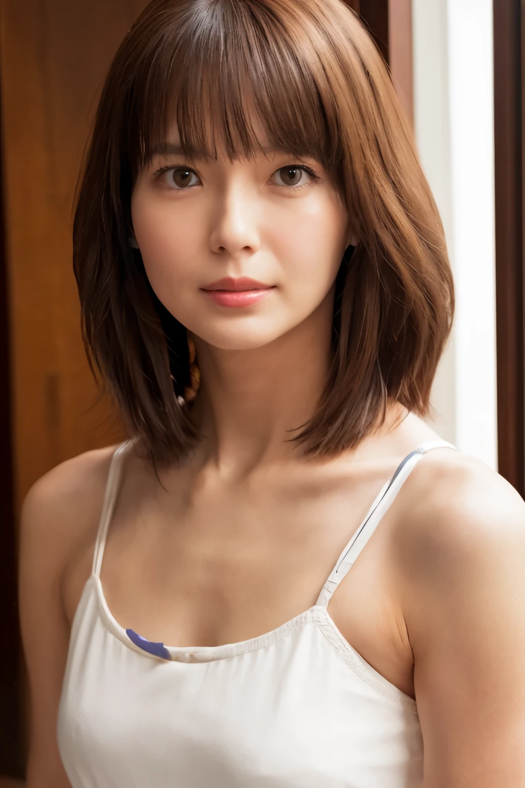 Japanese, short stature woman,  physique, short arm, long slit eyes, fleeting atmosphere, 30 year old, brown bob hair, ((thin lips)), white top and bottom underwear, musterpiece, best quality, detailed skin, detailed face, detailed eyes, 8K, good anatomy, upper body portrait