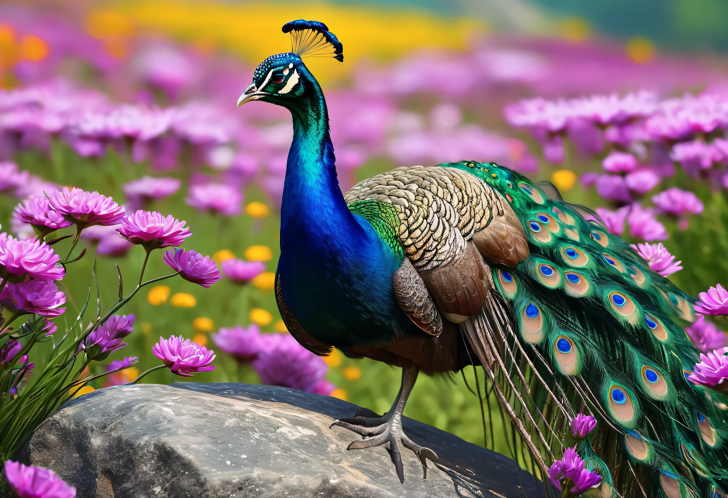 A peacock standing on a rock in a flower field, Beautiful digital artwork, 4k Highly detailed digital art, 8k high quality detailed art, Beautiful art UHD 4K, Beautiful digital art, very Beautiful digital art, Highly detailed digital art, Highly Detailed 4K HD Wallpapers, Amazing artwork in 8K, Beautiful digital painting, 8K Highly Detailed Art