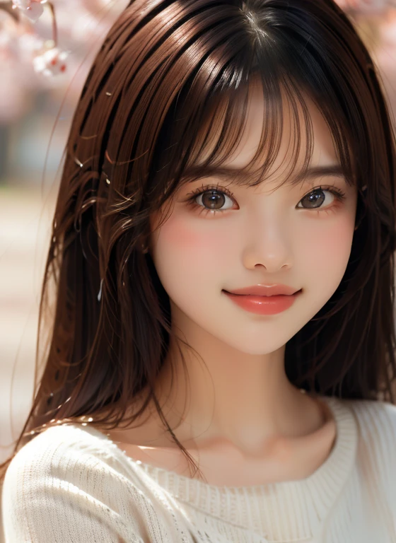 1 girl,(ivory sweater:1.4),, (RAW photo, highest quality), (realistic, Photoreal:1.4), table top, very delicate and beautiful, very detailed, 8k wallpaper, wonderful, finely, very detailed CG Unity, High resolution, soft light, Beautiful detailed 19 year old girl, very detailed目と顔, beautifully detailed nose, finely beautiful eyes,cinematic lighting,standing on a row of cherry blossom trees,perfect anatomy,slender body,smile  (asymmetrical bangs, light brown hair,)