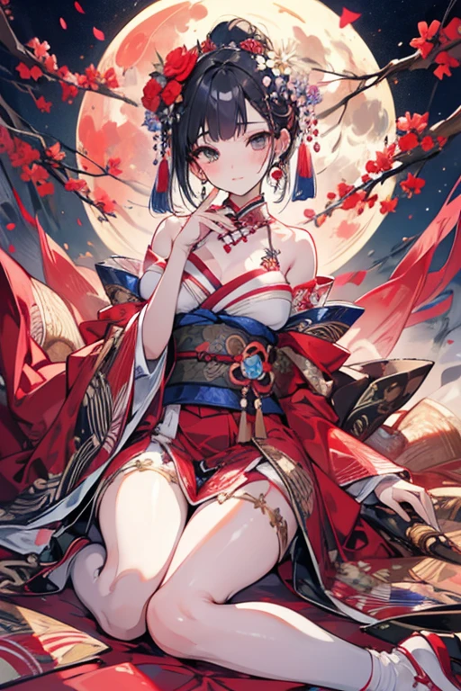 1 person female,Masterpiece,detailed body,Detailed facial expressions,Beautiful Face,A profusion of flowers,Flowers falling,Alluring,sex appeal,Japanese style,(Big red full moon)