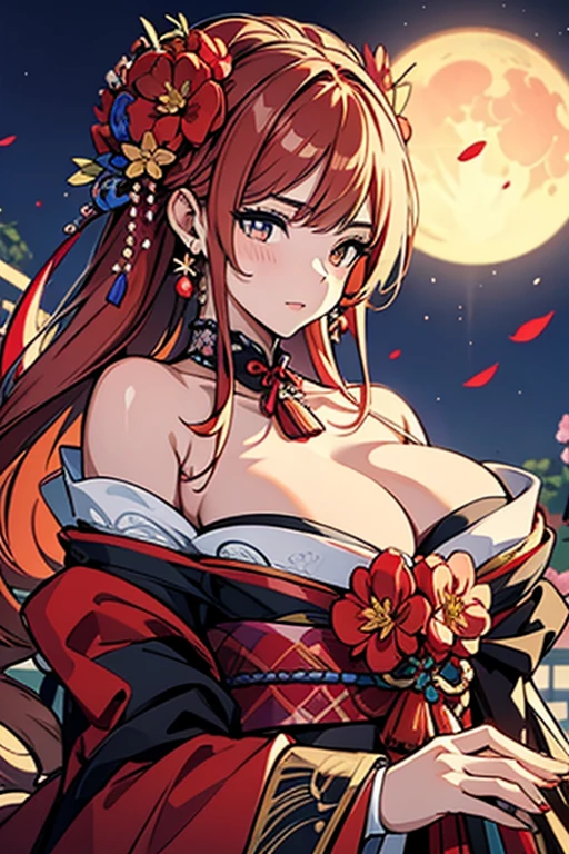 1 person female,Masterpiece,detailed body,Detailed facial expressions,Beautiful Face,A profusion of flowers,Flowers falling,Alluring,sex appeal,Japanese style,(Big red full moon)