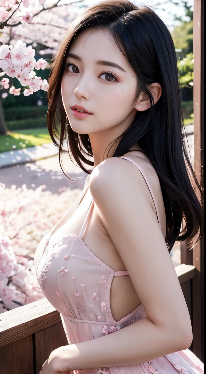 (logo、masterpiece、8K、table top、RAW photo、wonderful、最high quality、Photorealistic and very detailed CG integrated 8k wallpaper、high quality、very detailed、narrative poem、particle effects、dynamic effects、Depth of the bounds written、cinematic light、Lens flare、ray tracing)、fantasy、 (1 beautiful woman、dress、dress、cherry blossom pattern、black haired、beautiful face、real face、beautiful details eyes beautiful skin)、My hair dances in the wind、Hair flutters in Wind、hair jump、pink cherry tree、petals dance、SakuraFubuki、wonderful scenery、sunrise、sun on background、Wind、
