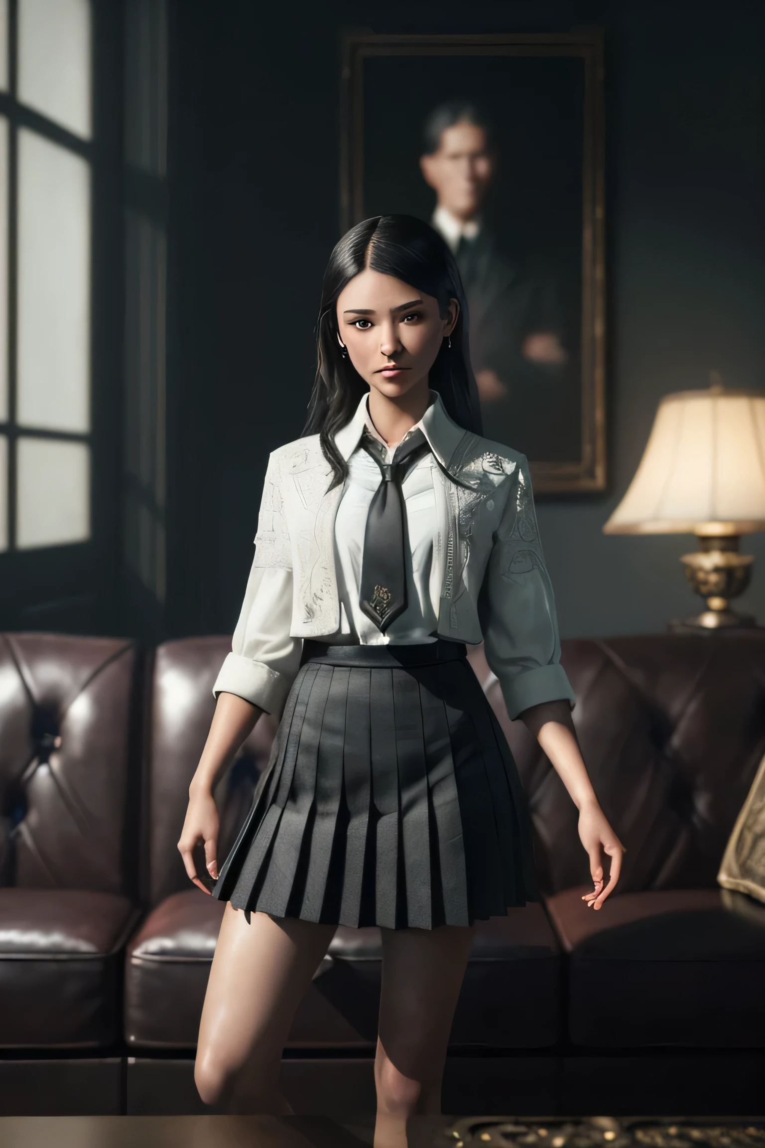 (masterpiece), (extremely intricate:1.3), (realistic), portrait of a girl, (dark fantasy, gore), (dynamic perspective), the most beautiful in the world, (kick viewers), indoors, from below, shirt, tie, pleated skirt, high-heeled sandals, smirk, distant couch, Hirosaki, Aomori, professional photograph of a stunning woman detailed, sharp focus, dramatic, award winning, cinematic lighting, octane render unreal engine, volumetrics dtx, (film grain, blurry background, blurry foreground, bokeh, depth of field)