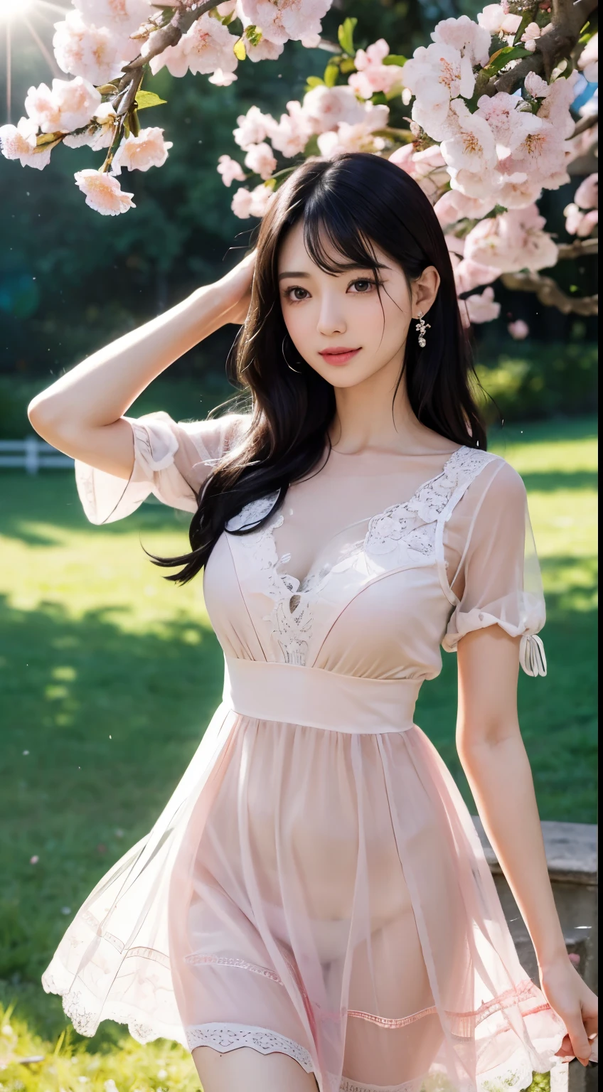 (logo、masterpiece、8K、table top、RAW photo、wonderful、最high quality、Photorealistic and very detailed CG integrated 8k wallpaper、high quality、very detailed、narrative poem、particle effects、dynamic effects、Depth of the bounds written、cinematic light、Lens flare、ray tracing)、fantasy、 (1 beautiful woman、dress、dress、cherry blossom pattern、black haired、beautiful face、real face、beautiful details eyes beautiful skin)、My hair dances in the wind、Hair flutters in Wind、hair jump、pink cherry tree、petals dance、SakuraFubuki、wonderful scenery、sunrise、sun on background、Wind、
