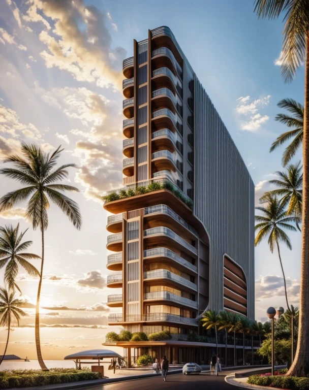 Day, stadium exterior, zaha hadid style, bionic form, curve form, metal and wood mix together, masterpicece, high quality, 8k uhd, tropical landscape