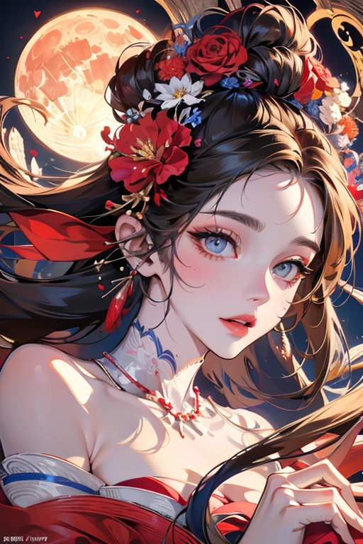 1 person female,Masterpiece,detailed body,Detailed facial expressions,Beautiful Face,A profusion of flowers,Flowers falling,Alluring, appeal,Japanese style,(Big red full moon)