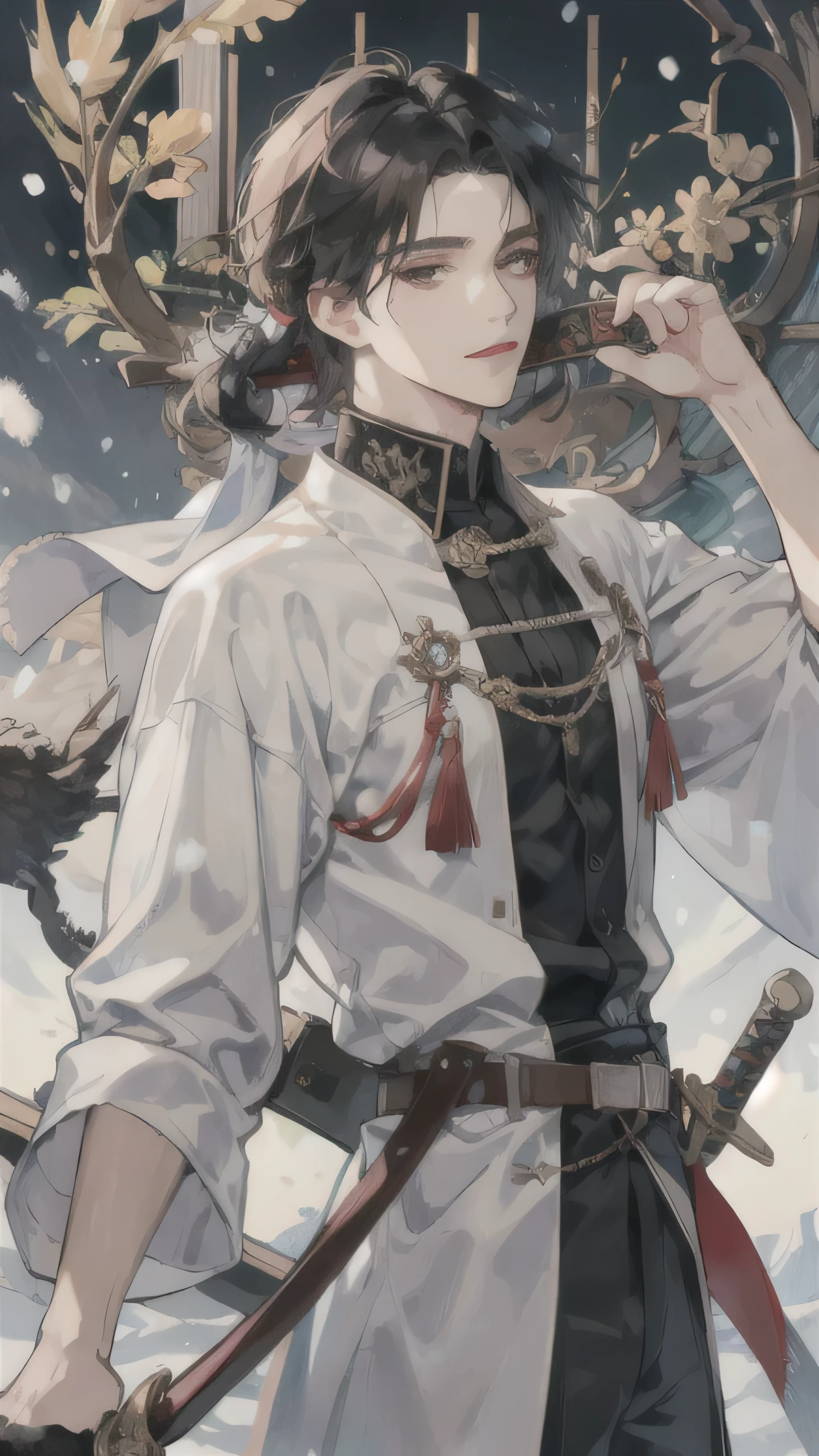 1boys in the sky, wearing white robe, holding dual sword, anime fantasy Artwork,
(((masterpiece),(Very detailed CG unity 8K wallpaper),best quality,cinematic lighting,detailed eyes,beatiful detailed eyes,Bright pupils,Black eyes,Snow-whiteskin,Redlip(Very fine and Handsome),(handsome and detailed eye description),ultra - detailed,tmasterpiece)),A high resolution,ultra - detailed),