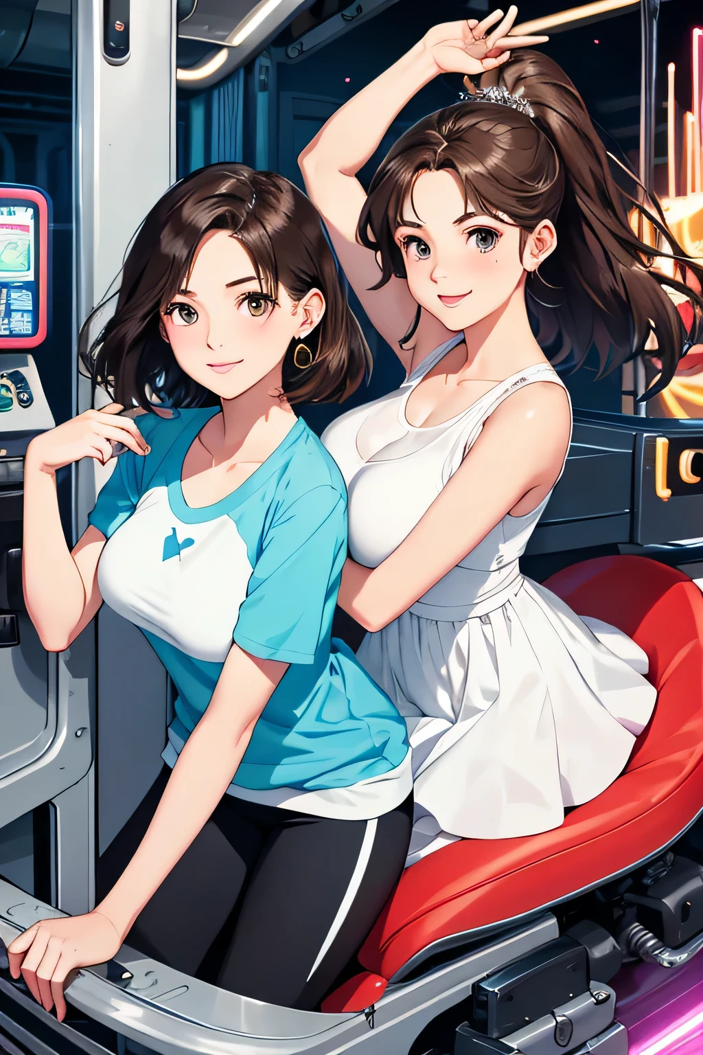 (highest quality:1.4)、(High resolution)、Detailed Background、(Detailed beautiful face:1.4)、Anatomically correct、(Depict the normal number of fingers:1.2)、(Detailed facial expressions)、Beautiful fingers、Beautiful, smooth skin、Teenage beauty、(Two women:1.2)、(Huge breasts:1.3)、cute hair color、brown hair、Bobcut、ponytail、long、Realistic、Perfect body line、Cowboy Shot、Attraction Park、
cute、Thrilling attractions、Looks like a fun atmosphere、Stretch your arms、Show your side、

(Two beautiful girls excited about riding a thrilling machine:1.5)、

I&#39;m extremely excited、eyes wide open、Mouth slightly open or smiling、A slight redness on the face and neck due to an increased heart rate、

Sportswear、Sports bra and leggings、
Choose a cute dress for a feminine look、(No sleeve:1.3)、
Choose a dress made of a material and length that is easy to move in and pair it with sneakers.、cute
