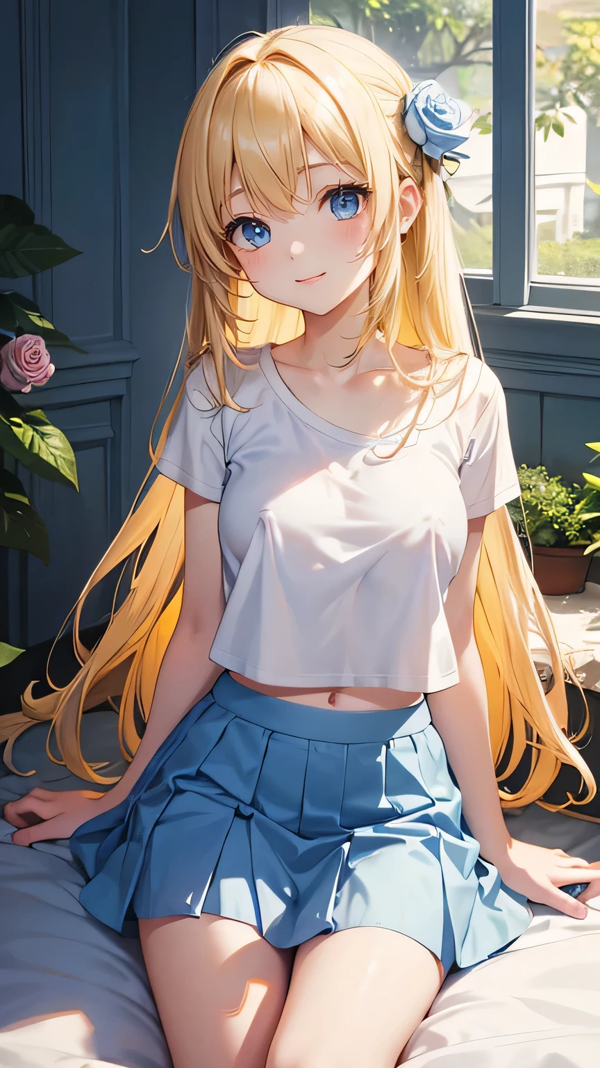 Very cute girl、(13 years old)、light yellow hair、Long Straight Hair、Bangs are too close to the eye、Light Blue Eye、(Normal human ear)、Thin arms、Beautiful body、Slim legs、large, well-shaped breasts,、clear white skin、smile、(Open-chested T-shirt、mini skirt、White and blue)、I know the shape of the nipples、(rose garden)、Ultra HD、Digital SLR、