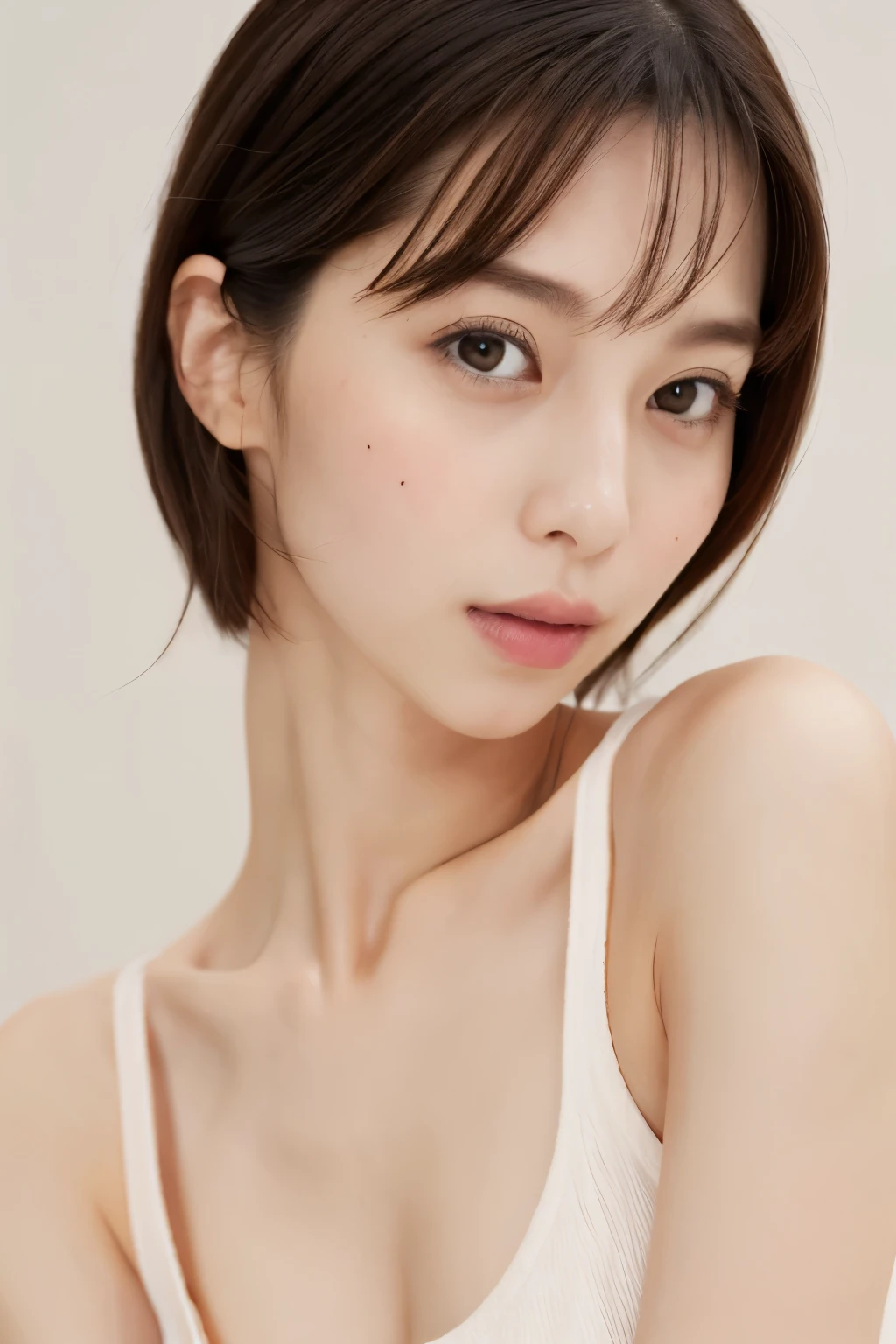 Japanese, short stature woman,  physique, short arm, long slit eyes, fleeting atmosphere, 30 year old, brown bob hair, ((thin lips)), white top and bottom underwear, musterpiece, best quality, detailed skin, detailed face, detailed eyes, 8K, good anatomy, upper body portrait