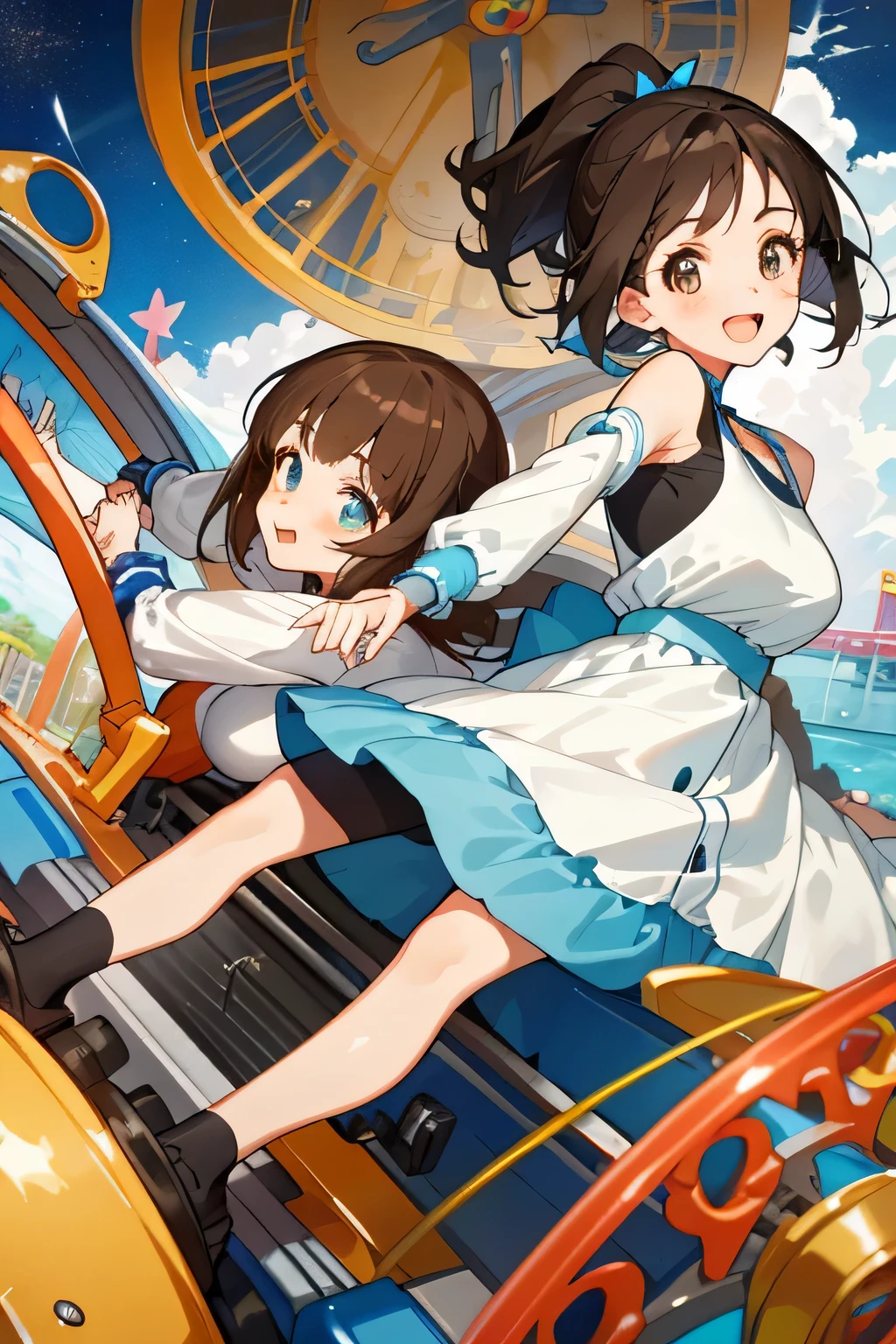 (highest quality:1.4)、(High resolution)、Detailed Background、(Detailed beautiful face:1.4)、Anatomically correct、(Depict the normal number of fingers:1.2)、(Detailed facial expressions)、Beautiful fingers、Beautiful, smooth skin、age beauty、(Two women:1.2)、(Huge breasts:1.3)、cute hair color、brown hair、Bobcut、ponytail、long、Realistic、Perfect body line、Cowboy Shot、Attraction Park、
cute、Thrilling attractions、Looks like a fun atmosphere、Stretch your arms、Show your side、

(Two beautiful girls excited about riding a thrilling machine:1.5)、

I&#39;m extremely excited、eyes wide open、Mouth slightly open or smiling、A slight redness on the face and neck due to an increased heart rate、

Sportswear、Sports bra and leggings、
Choose a cute dress for a feminine look、(No sleeve:1.3)、
Choose a dress made of a material and length that is easy to move in and pair it with sneakers.、cute
