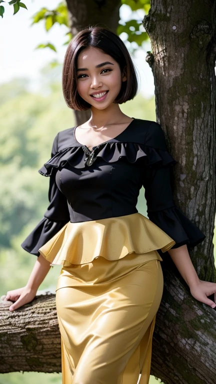 (high quality), (masterpiece), (high-resolution), original, extremely detailed 8K wallpaper, (an extremely delicate), a young girl Malay, short black hair bob cut, wearing baju kurung peplum ((baju kurung peplum: 1.6)) with a flat chest ((flat chest: 1.4)) breasts, Malay hot model, attractively, plump and dainty body figure, photorealistic perfect body figure, really flat chest breasts, ultra realistic picture, perfect detail body figure, leaning seductive on a tree trunk, nose blush, big laugh,