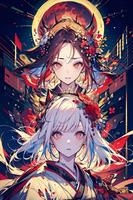 1 person female,Masterpiece,detailed body,Detailed facial expressions,Beautiful Face,A profusion of flowers,Flowers falling,Alluring,sex appeal,Japanese style,(Big red full moon)