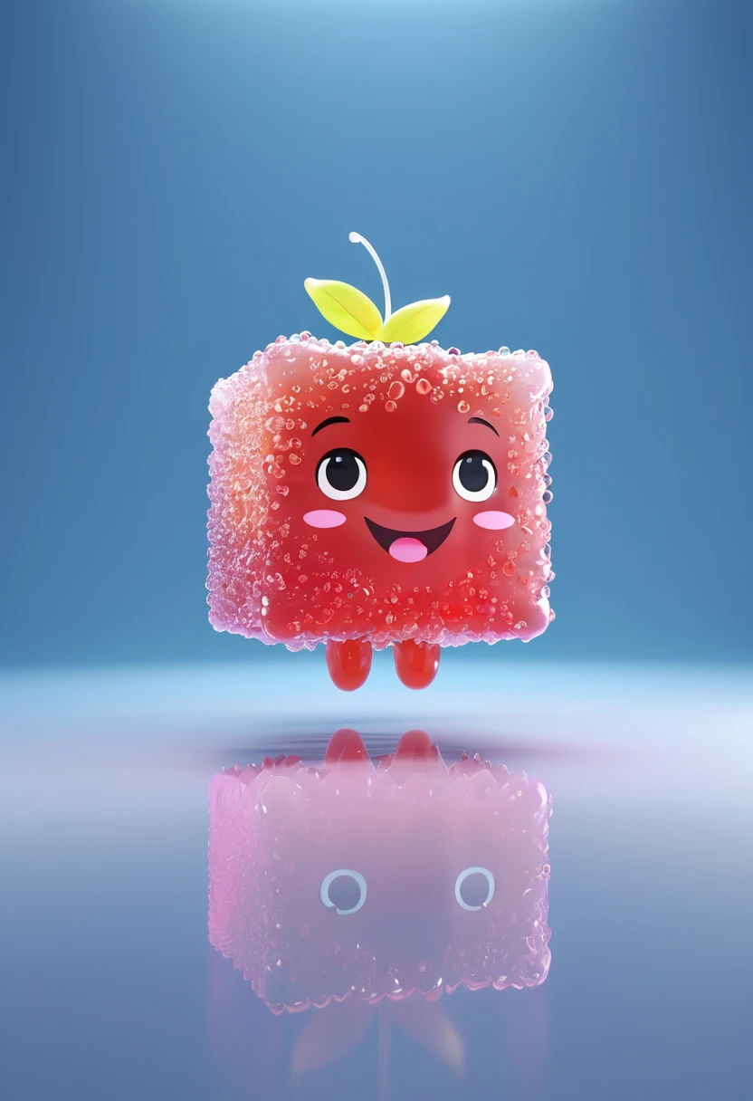 A jelly textured cube cartoon image,方块sugar果卡通人物,Have a big smile, Features, Lovely! Japanese mascot,3D modeling3d model, Kawaii HD Rendering, Lovely Features, toonix Features,Simple silhouette,Q萌大眼睛 animation Features, sugar, 3d Featuress, Lovely cartoon Features,Athletic,Hello action