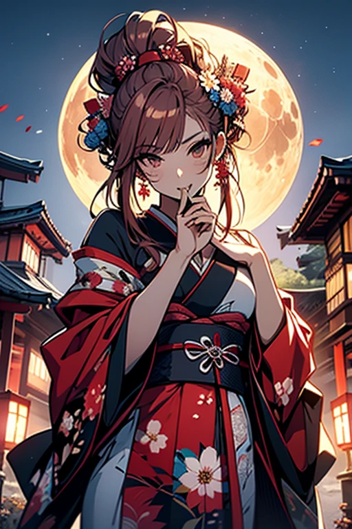 1 person female,Masterpiece,detailed body,Detailed facial expressions,Beautiful Face,A profusion of flowers,Flowers falling,Alluring,sex appeal,Japanese style,(Big red full moon)
