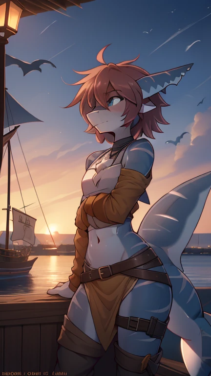 Best quality, Super detailed illustration, Warm tones, perfect lighting, perfect detail, (anthro shark boy:1.4), feminine body, disheveled thick hair, pirate clothes, peaceful mood, against the background of the harbor ,femboy ,small waist, wide hips, slim, perfect body, style &quot;DND&quot;