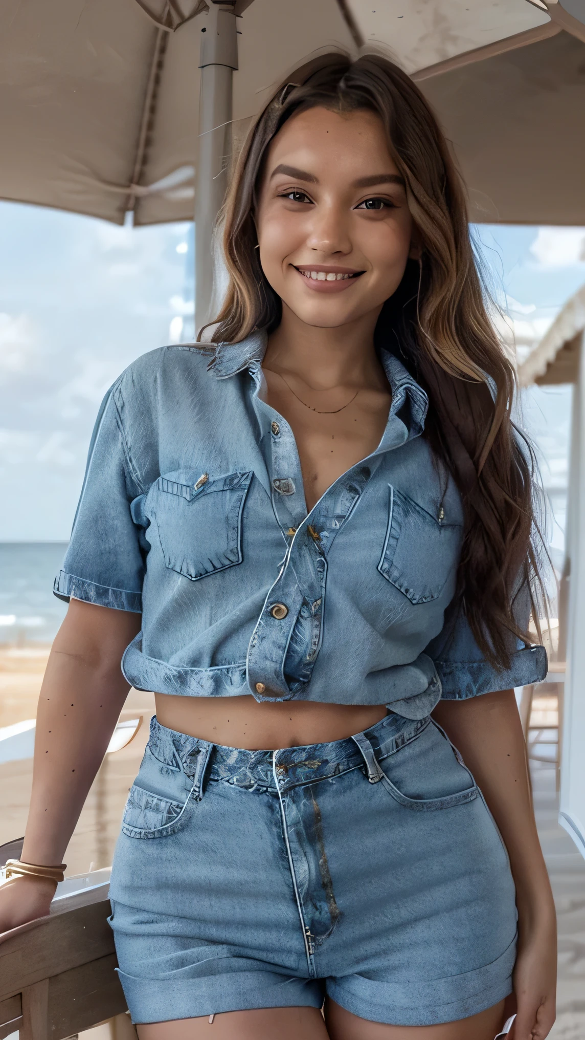 one woman, height 1,69m, waist 93 cm, hips 118 cm, breasts 115cm, at the beach, opened smile, perfect teeth, rear view, sexy denim blouse and shorts, hazel color hair, wavy long hair, blusa jeans decotada.