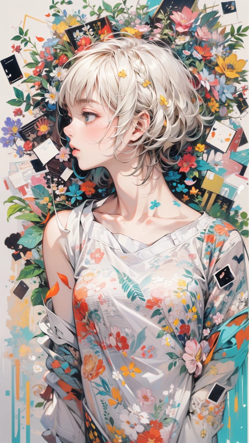 (masterpiece, High resolution, highest quality), Composition from head to thighs:1.3, Upper body focus, 20-year-old woman, Asymmetrical short hair, Disorganized, Petals and paint collage, abstract design, artistic juxtapositions, mixed-media approach, Anime Style, simple lines, Digital Painting,