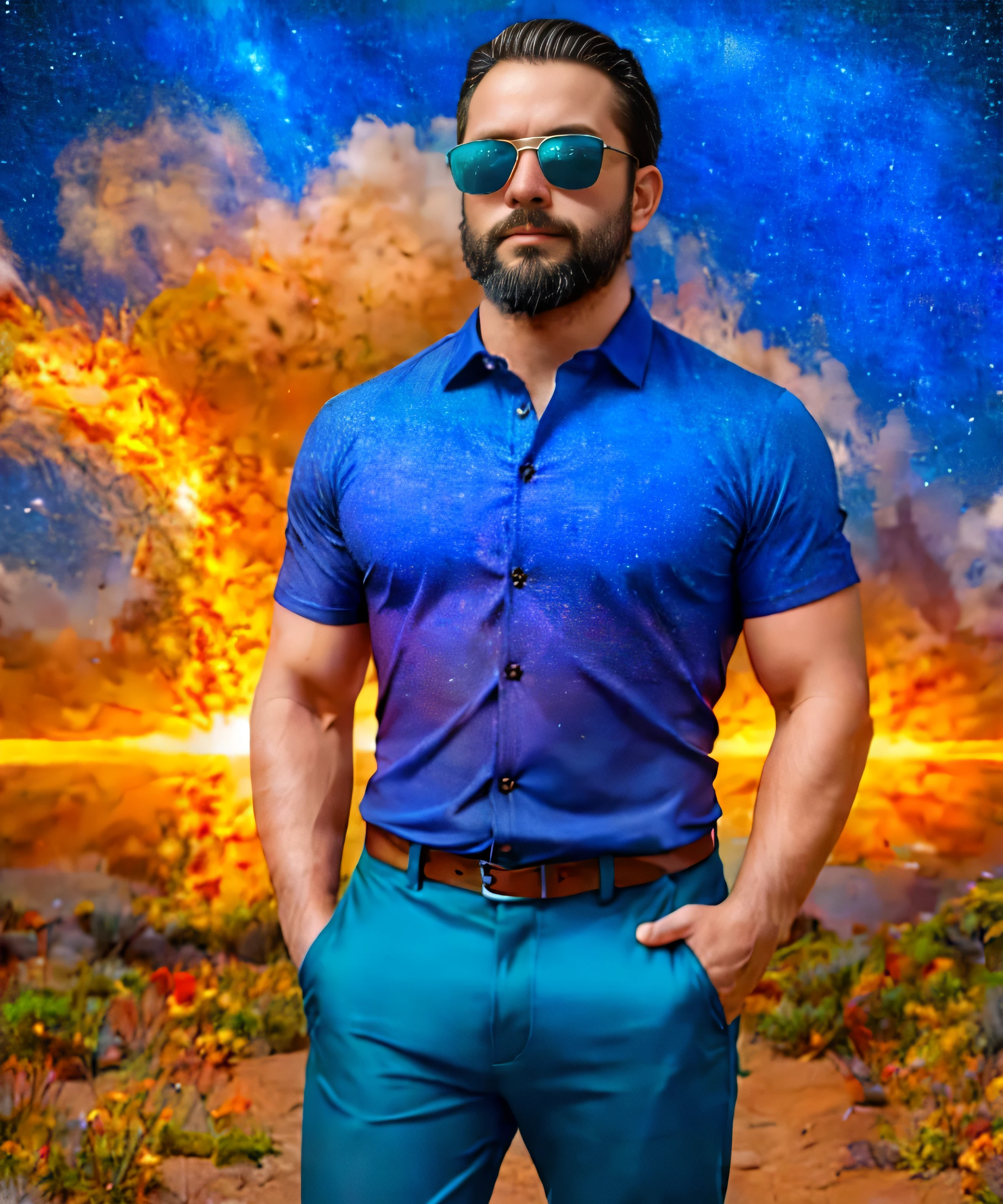 Obra maestra, desenfoque de campo, Parte superior del cuerpo, Hands in pants pockets, 38 year old man with beard and square sunglasses. Man wearing a shirt with a color gradient in the space movie with a solar  explosion in the background.