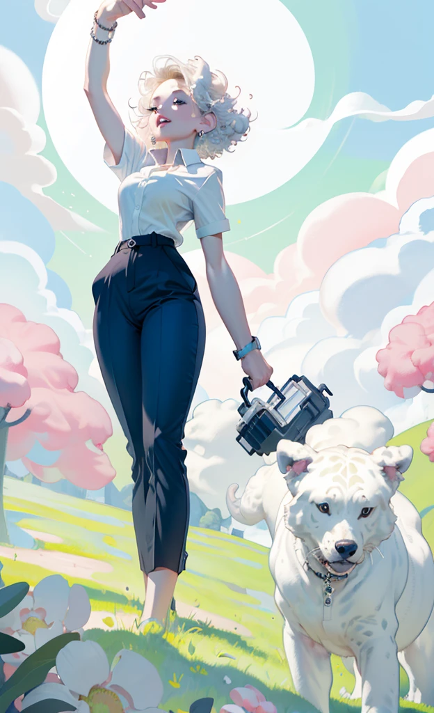 masterpiece, best quality, 1girl, short curly hair, platinum blonde hair, shirt, trousers, fluffy clouds, bright, vibrant, happy