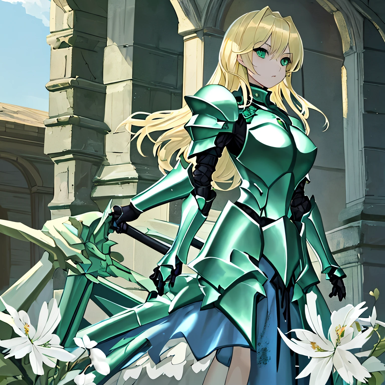 A beautiful blonde girl with green eyes wearing armor over a blue dress