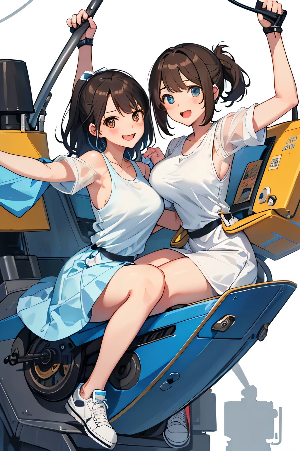 (highest quality:1.4)、(High resolution)、Detailed Background、(Detailed beautiful face:1.4)、Anatomically correct、(Depict the normal number of fingers:1.2)、(Detailed facial expressions)、Beautiful fingers、Beautiful, smooth skin、Teenage beauty、(Two women:1.2)、(Huge breasts:1.3)、cute hair color、brown hair、Bobcut、ponytail、long、Realistic、Perfect body line、Cowboy Shot、Attraction Park、
cute、Thrilling attractions、Looks like a fun atmosphere、Stretch your arms、Show your side、
(Two beautiful girls excited about riding a thrilling machine:1.5)、
I'm extremely excited、eyes wide open、Mouth slightly open or smiling、A slight redness on the face and neck due to an increased heart rate、
Sportswear、Sports bra and leggings、
Choose a cute dress for a feminine look、(No sleeve:1.3)、
Choose a dress made of a material and length that is easy to move in and pair it with sneakers.、cute