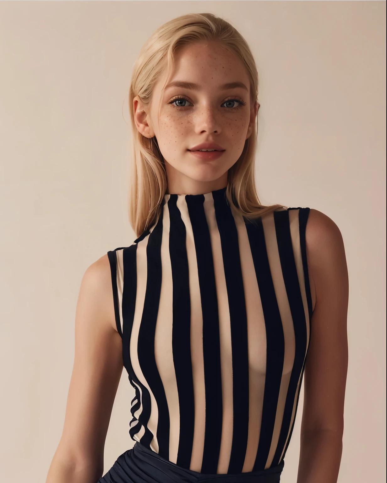 mulher, americana, 25 anos, pale skin and freckles, olhos cinzas, nariz delicado, soft and delicate lips, longo, cabelo blondie longo e ondulado na altura da cintura, sorriso meigo, face with delicate feminine facial features, altamente renderizado