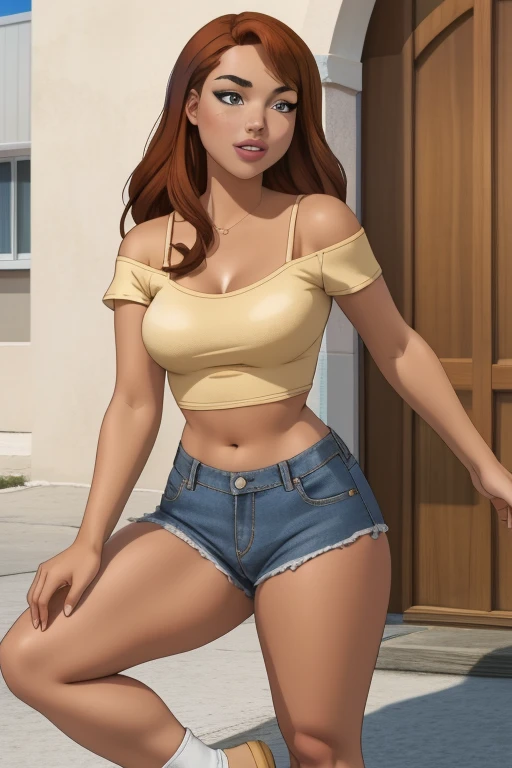 beautiful woman with messy windblown auburn hair, hazel eyes, freckles, thighs, wide hips, (thin lips:1.1), tiny denim cutoffs, k3d5 shoes, simple background
