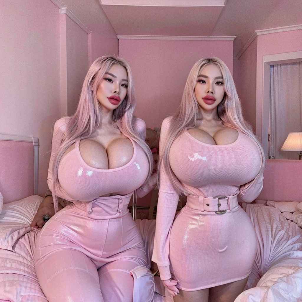 cute Asian girl, bimbo, huge pink lips, platinum white dyed hair, tight pink latex, huge breasts, massive cleavage, huge fake , huge fake ass, big booty, cool pink bedroom