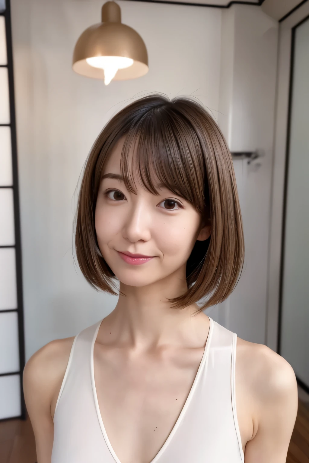 Japanese, short stature woman,  physique, short arm, long slit eyes, fleeting atmosphere, 30 year old, brown bob hair, ((thin lips)), white top and bottom underwear, musterpiece, best quality, detailed skin, detailed face, detailed eyes, 8K, good anatomy, upper body portrait