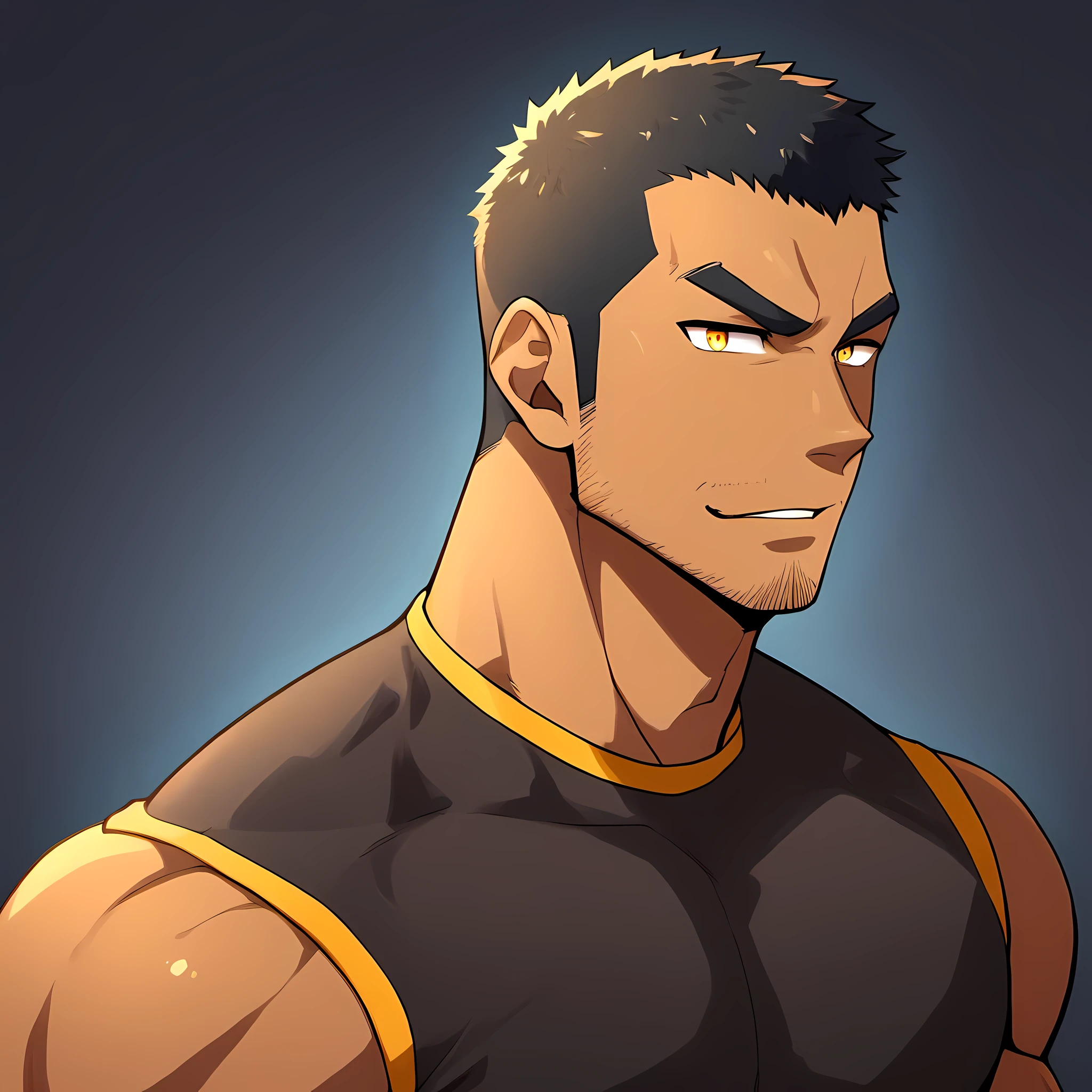 anime characters：Gyee, Fitness coach, Chocolate skin, 1 muscular tough guy, Manliness, male focus, Turmeric sleeveless stretch tight T-shirt, Very tight, Tight T-shirt for chest expansion, Slightly transparent, muscular male, muscular, only, Upper body, alone, Black short hair, Thick eyebrows, stubble, Yellow eyes, Black background, simple background, amazing quality, best aesthetics, Ridiculous, bright pupils, crew cut, parted lips, forced smile, drop shadow, best quality