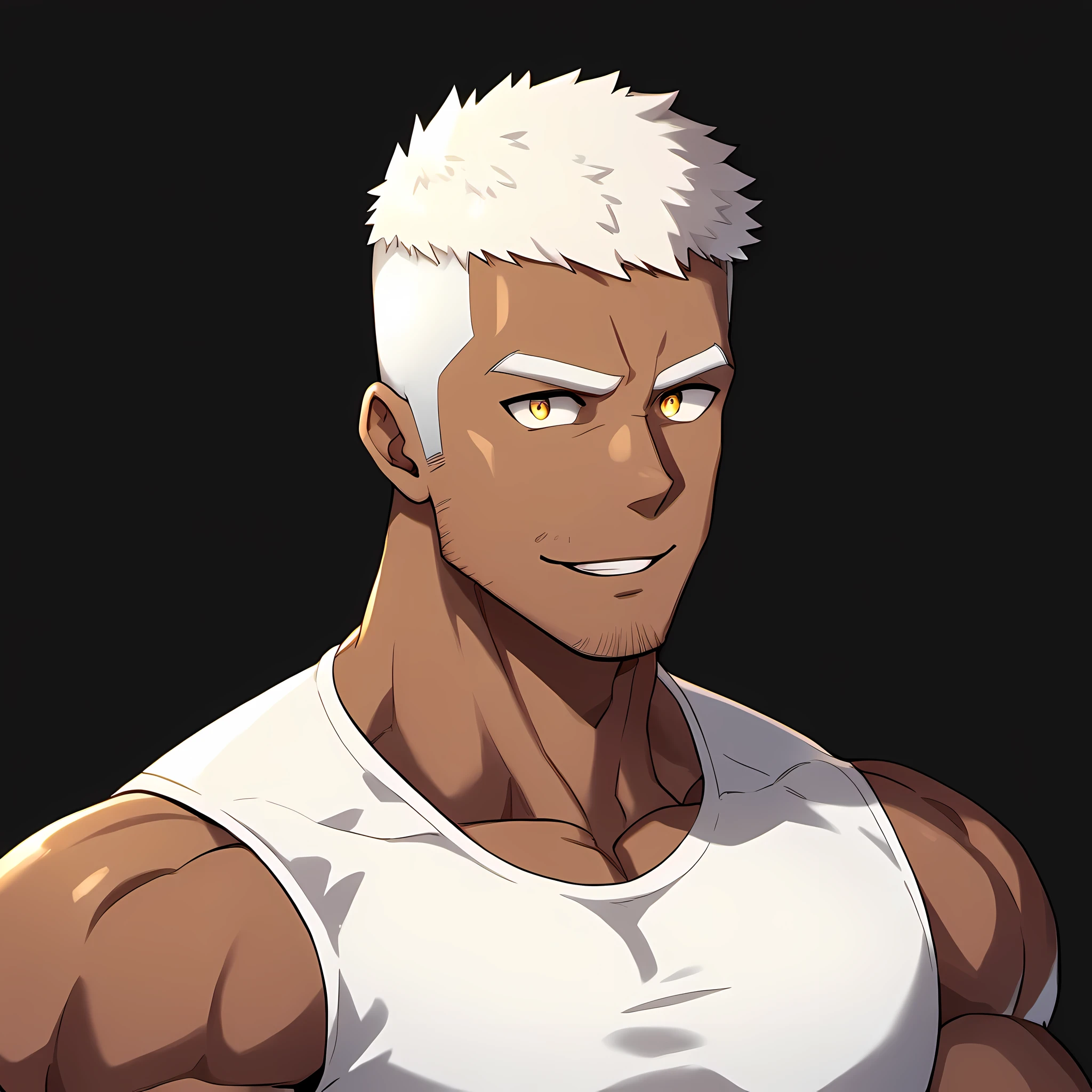 anime characters:Gyee, Fitness coach, Chocolate skin, 1 muscular tough guy, Manliness, male focus, Cream White Sleeveless Tight T-Shirt, Very tight, The pectoral muscles are oversized, Slightly transparent, muscular male, muscular, only, Upper body, alone, White short hair, Thick eyebrows, stubble, Yellow eyes, Black background, simple background, amazing quality, best aesthetics, Ridiculous, bright pupils, crew cut, parted lips, forced smile, drop shadow, best quality