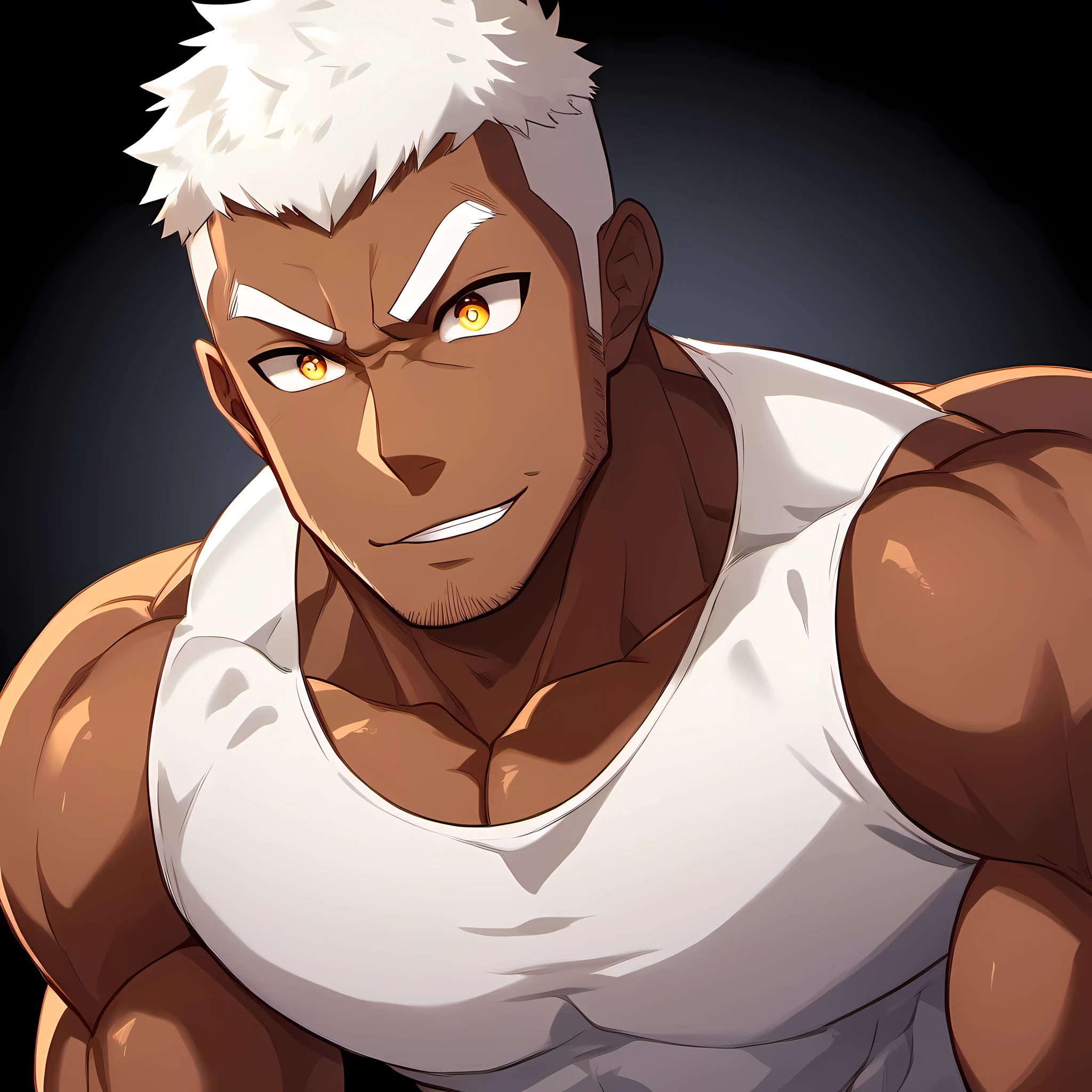 anime characters:Gyee, Fitness coach, Chocolate skin, 1 muscular tough guy, Manliness, male focus, Cream White Sleeveless Tight T-Shirt, Very tight, The pectoral muscles are oversized, Slightly transparent, muscular male, muscular, only, Upper body, alone, White short hair, Thick eyebrows, stubble, Yellow eyes, Black background, simple background, amazing quality, best aesthetics, Ridiculous, bright pupils, crew cut, parted lips, forced smile, drop shadow, best quality