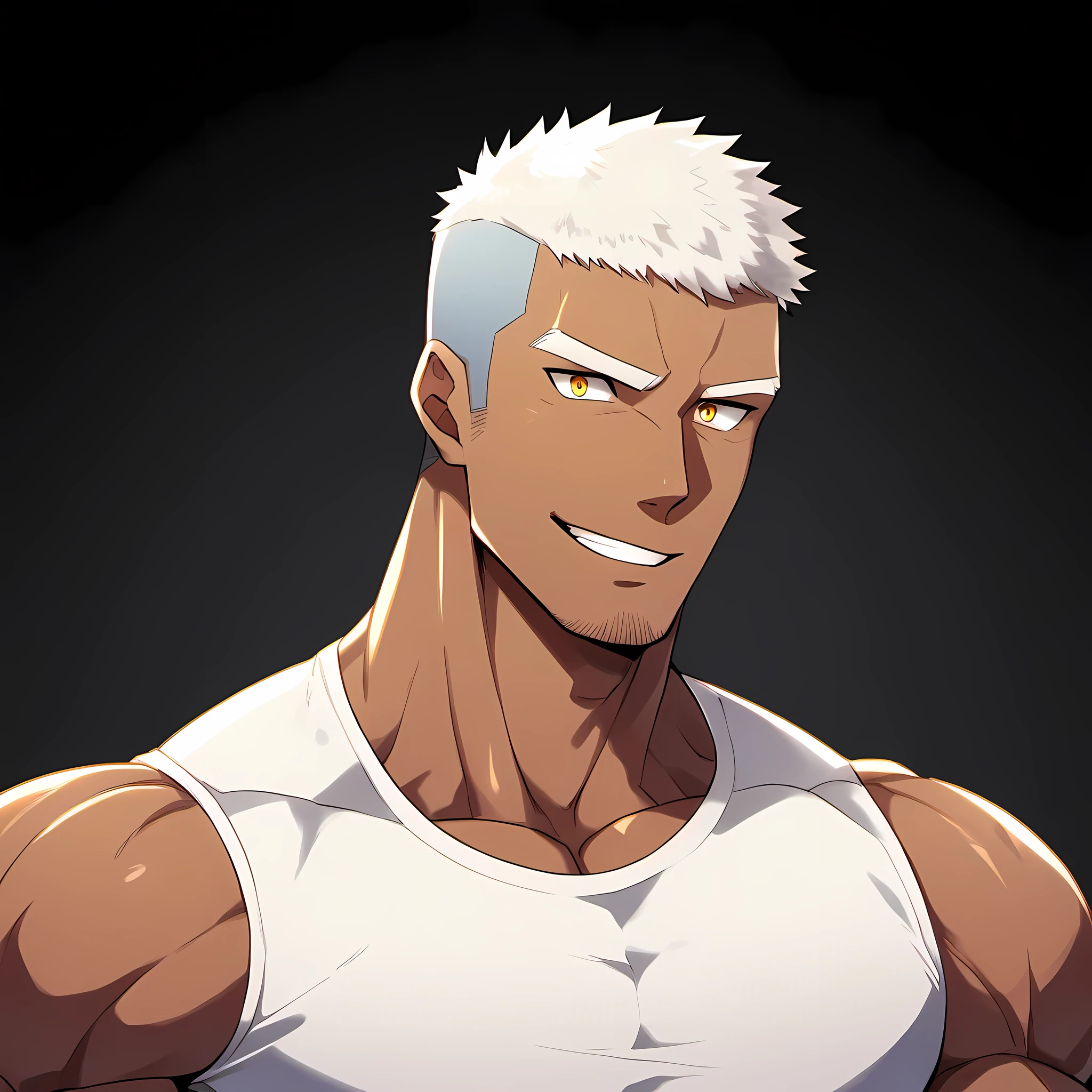 anime characters:Gyee, Fitness coach, Chocolate skin, 1 muscular tough guy, Manliness, male focus, Cream White Sleeveless Tight T-Shirt, Very tight, The pectoral muscles are oversized, Slightly transparent, muscular male, muscular, only, Upper body, alone, White short hair, Thick eyebrows, stubble, Yellow eyes, Black background, simple background, amazing quality, best aesthetics, Ridiculous, bright pupils, crew cut, parted lips, forced smile, drop shadow, best quality