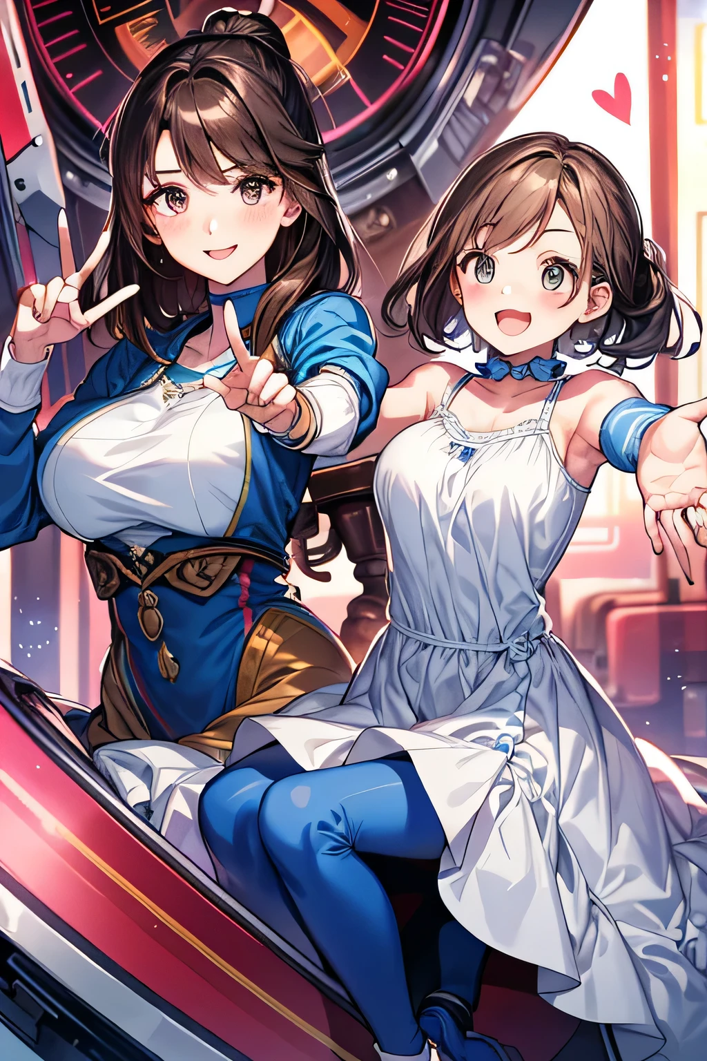 (highest quality:1.4)、(High resolution)、Detailed Background、(Detailed beautiful face:1.4)、Anatomically correct、(Depict the normal number of fingers:1.2)、(Detailed facial expressions)、Beautiful fingers、Beautiful, smooth skin、Teenage beauty、(Two women:1.2)、(Huge breasts:1.3)、cute hair color、brown hair、Bobcut、ponytail、long、Realistic、Perfect body line、Cowboy Shot、Attraction Park、
cute、Thrilling attractions、Looks like a fun atmosphere、Stretch your arms、Show your side、

(Two beautiful girls excited about riding a thrilling machine:1.5)、

I&#39;m extremely excited、eyes wide open、Mouth slightly open or smiling、A slight redness on the face and neck due to an increased heart rate、

Sportswear、Sports bra and leggings、
Choose a cute dress for a feminine look、(No sleeve:1.3)、
Choose a dress made of a material and length that is easy to move in and pair it with sneakers.、cute
