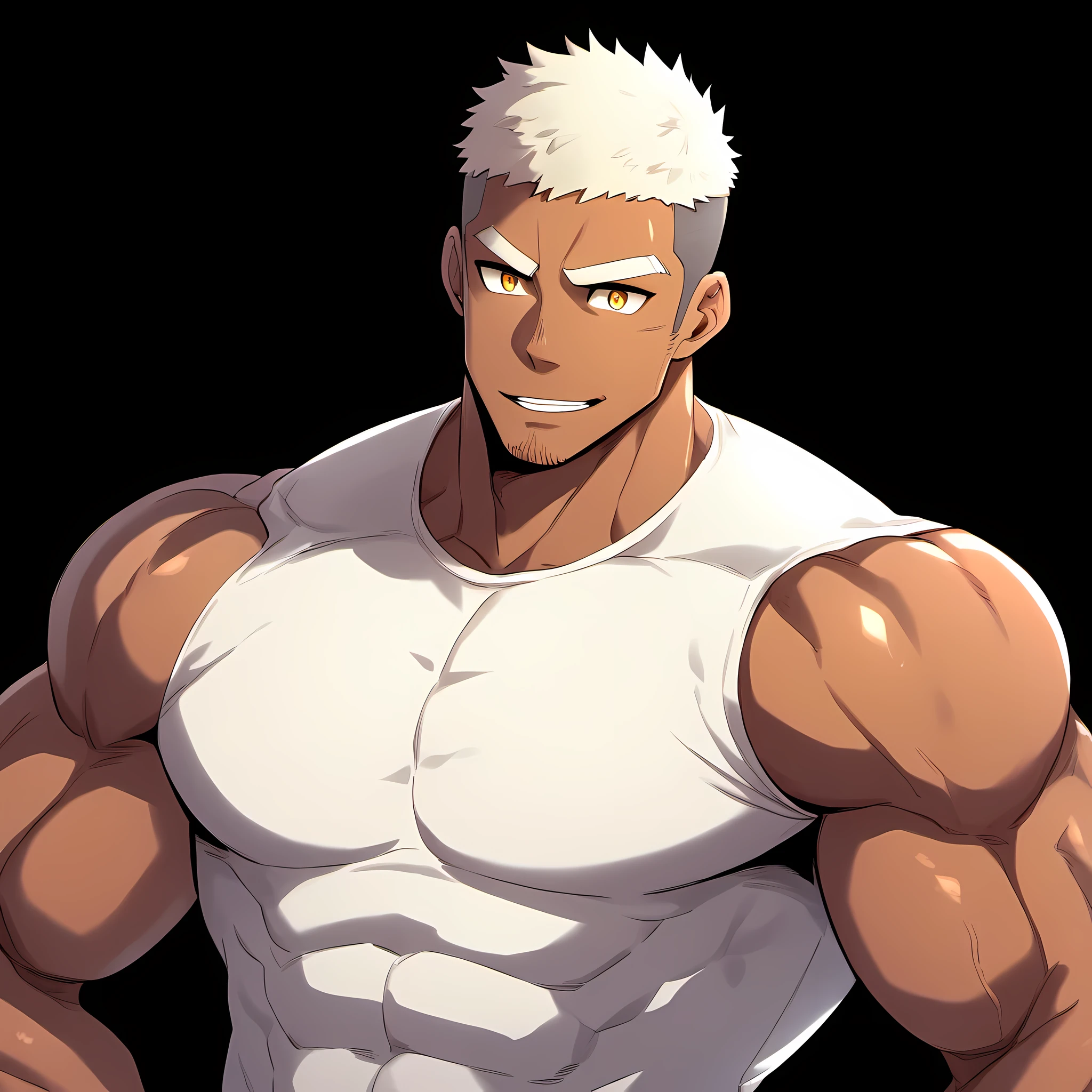 anime characters：Gyee, Fitness coach, Chocolate skin, 1 muscular tough guy, Manliness, male focus, Cream White Sleeveless Tight T-Shirt, Very tight, The pectoral muscles are oversized, Slightly transparent, muscular male, muscular, only, Upper body, alone, White short hair, Thick eyebrows, stubble, Yellow eyes, Black background, simple background, amazing quality, best aesthetics, Ridiculous, bright pupils, crew cut, parted lips, forced smile, drop shadow, best quality