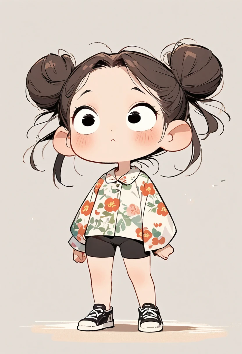comic cartoon character design,A Chinese girl, alone,big eyes,very cute expression,two buns,Floral shirt,sports Shorts,black shoes,Standing,interesting,Clear lines,Exquisite picture quality
