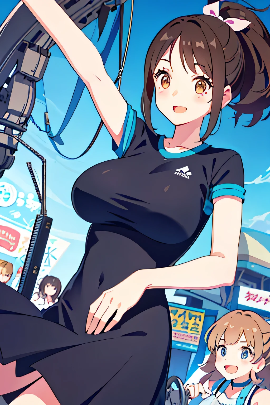 (highest quality:1.4)、(High resolution)、Detailed Background、(Detailed beautiful face:1.4)、Anatomically correct、(Depict the normal number of fingers:1.2)、(Detailed facial expressions)、Beautiful fingers、Beautiful, smooth skin、age beauty、(Two women:1.2)、(Huge breasts:1.3)、cute hair color、brown hair、Bobcut、ponytail、long、Realistic、Perfect body line、Cowboy Shot、Attraction Park、
cute、Thrilling attractions、Looks like a fun atmosphere、Stretch your arms、Show your side、

(Two beautiful girls excited about riding a thrilling machine:1.5)、

I&#39;m extremely excited、eyes wide open、Mouth slightly open or smiling、A slight redness on the face and neck due to an increased heart rate、

Sportswear、Sports bra and leggings、
Choose a cute dress for a feminine look、(No sleeve:1.3)、
Choose a dress made of a material and length that is easy to move in and pair it with sneakers.、cute
